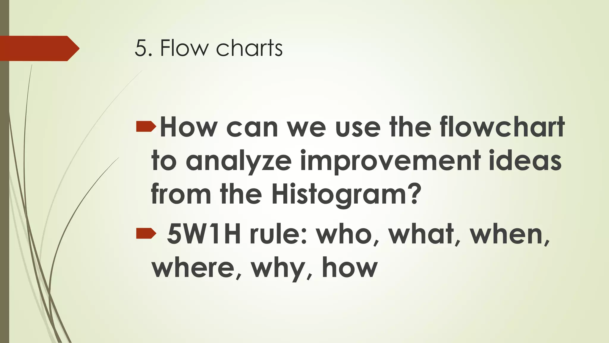 5. Flow charts
How can we use the flowchart
to analyze improvement ideas
from the Histogram?
 5W1H rule: who, what, when,
where, why, how
 