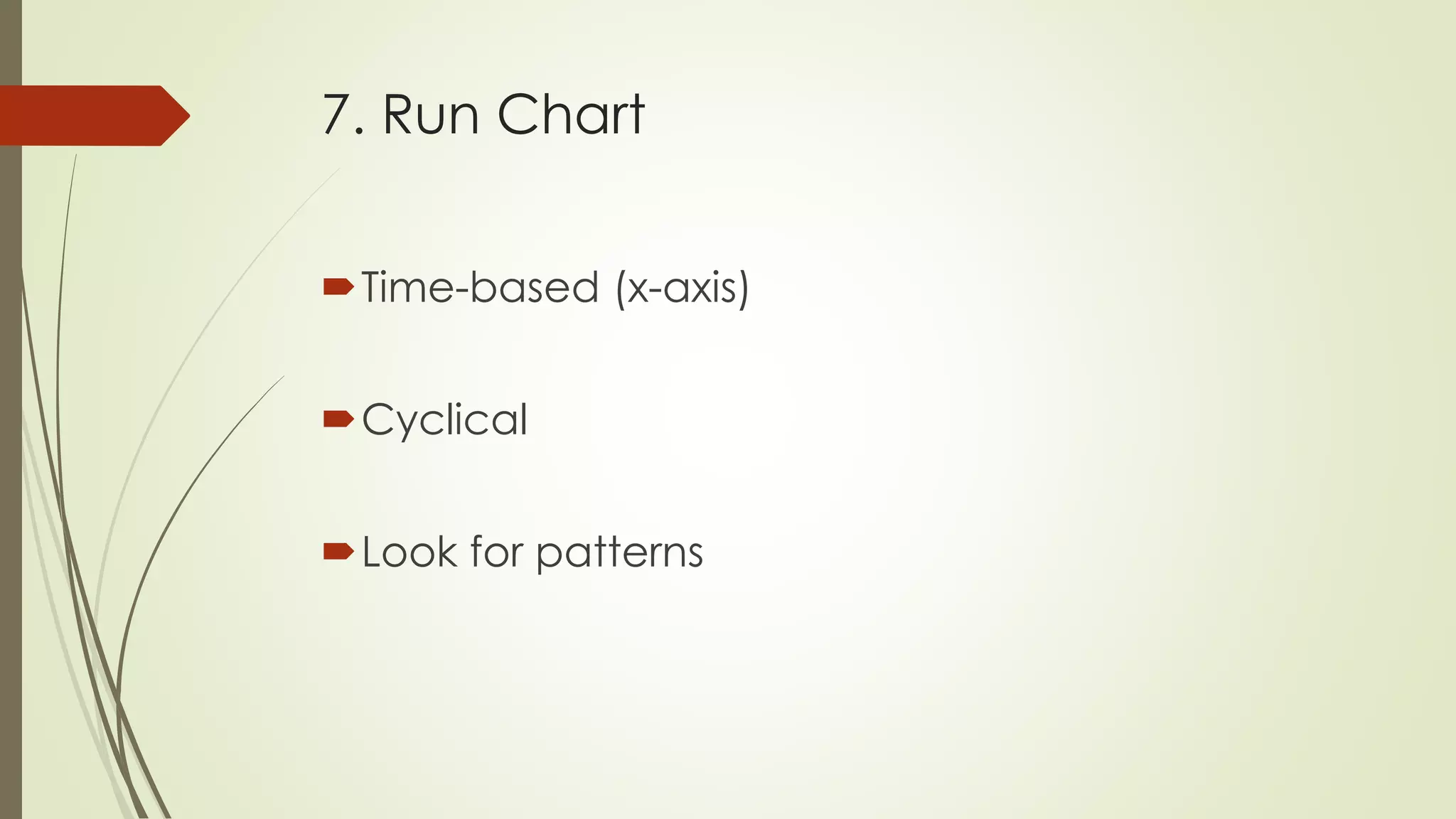 7. Run Chart
Time-based (x-axis)
Cyclical
Look for patterns
 