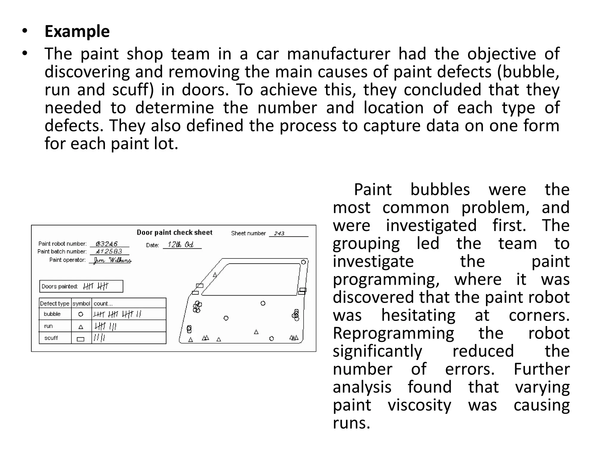 • Example
• The paint shop team in a car manufacturer had the objective of
discovering and removing the main causes of paint defects (bubble,
run and scuff) in doors. To achieve this, they concluded that they
needed to determine the number and location of each type of
defects. They also defined the process to capture data on one form
for each paint lot.
Paint bubbles were the
most common problem, and
were investigated first. The
grouping led the team to
investigate the paint
programming, where it was
discovered that the paint robot
was hesitating at corners.
Reprogramming the robot
significantly reduced the
number of errors. Further
analysis found that varying
paint viscosity was causing
runs.
 