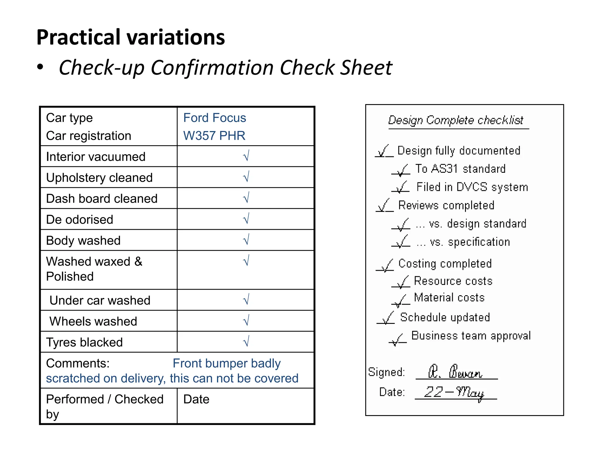 • Check-up Confirmation Check Sheet
Car type
Car registration
Ford Focus
W357 PHR
Interior vacuumed √
Upholstery cleaned √
Dash board cleaned √
De odorised √
Body washed √
Washed waxed &
Polished
√
Under car washed √
Wheels washed √
Tyres blacked √
Comments: Front bumper badly
scratched on delivery, this can not be covered
Performed / Checked
by
Date
Practical variations
 