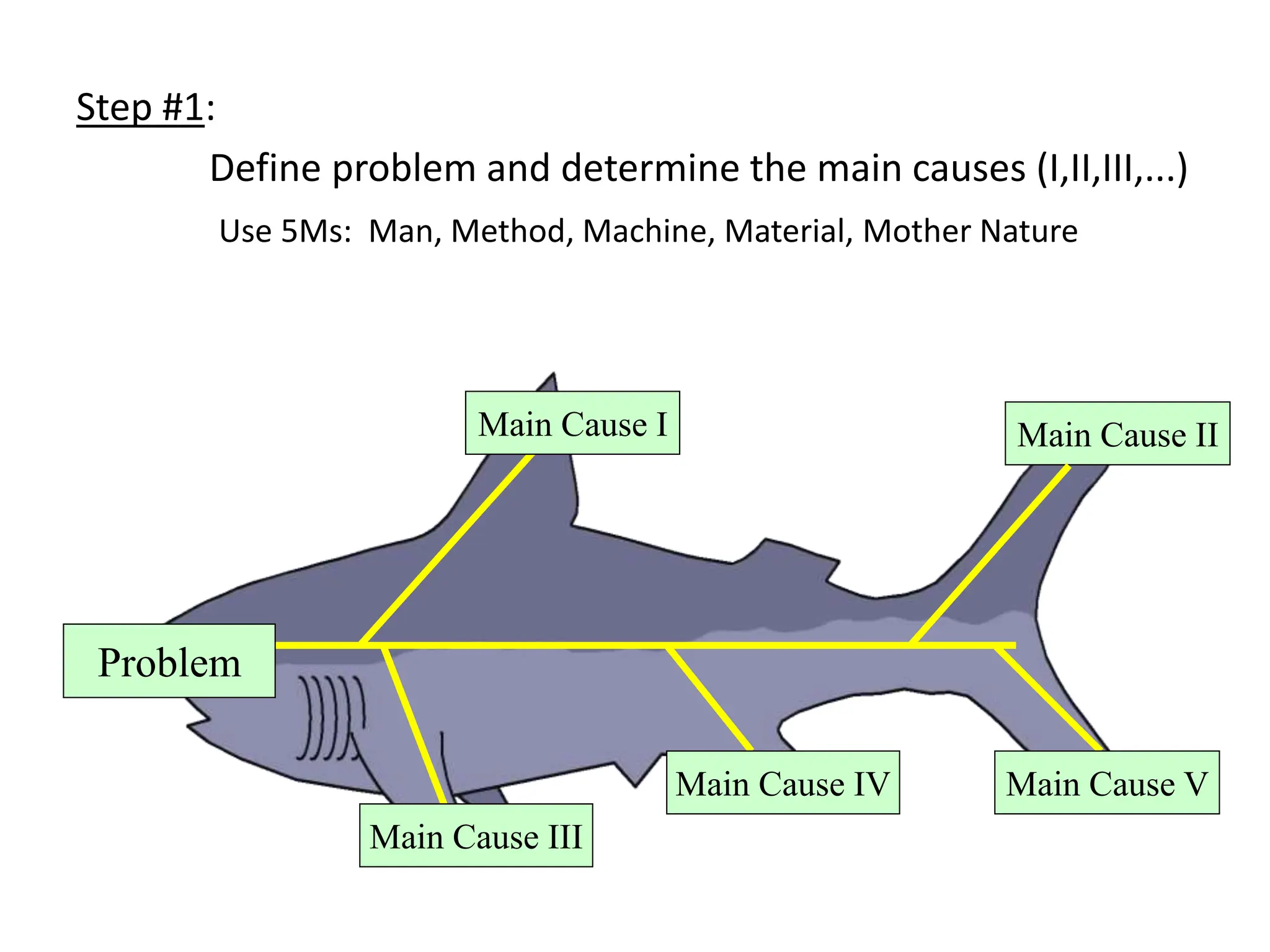Step #1:
Define problem and determine the main causes (I,II,III,...)
Use 5Ms: Man, Method, Machine, Material, Mother Nature
Main Cause II
Main Cause I
Main Cause V
Main Cause IV
Main Cause III
Problem
 