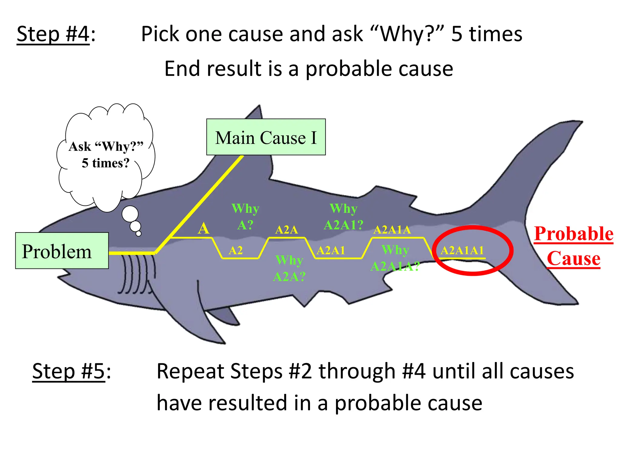 Step #4: Pick one cause and ask “Why?” 5 times
End result is a probable cause
Ask “Why?”
5 times?
Main Cause I
Why
A2A1?
A
A2
Why
A?
A2A1A1
A2A1
A2A
Why
A2A?
A2A1A
Why
A2A1A?
Probable
Cause
Problem
Step #5: Repeat Steps #2 through #4 until all causes
have resulted in a probable cause
 