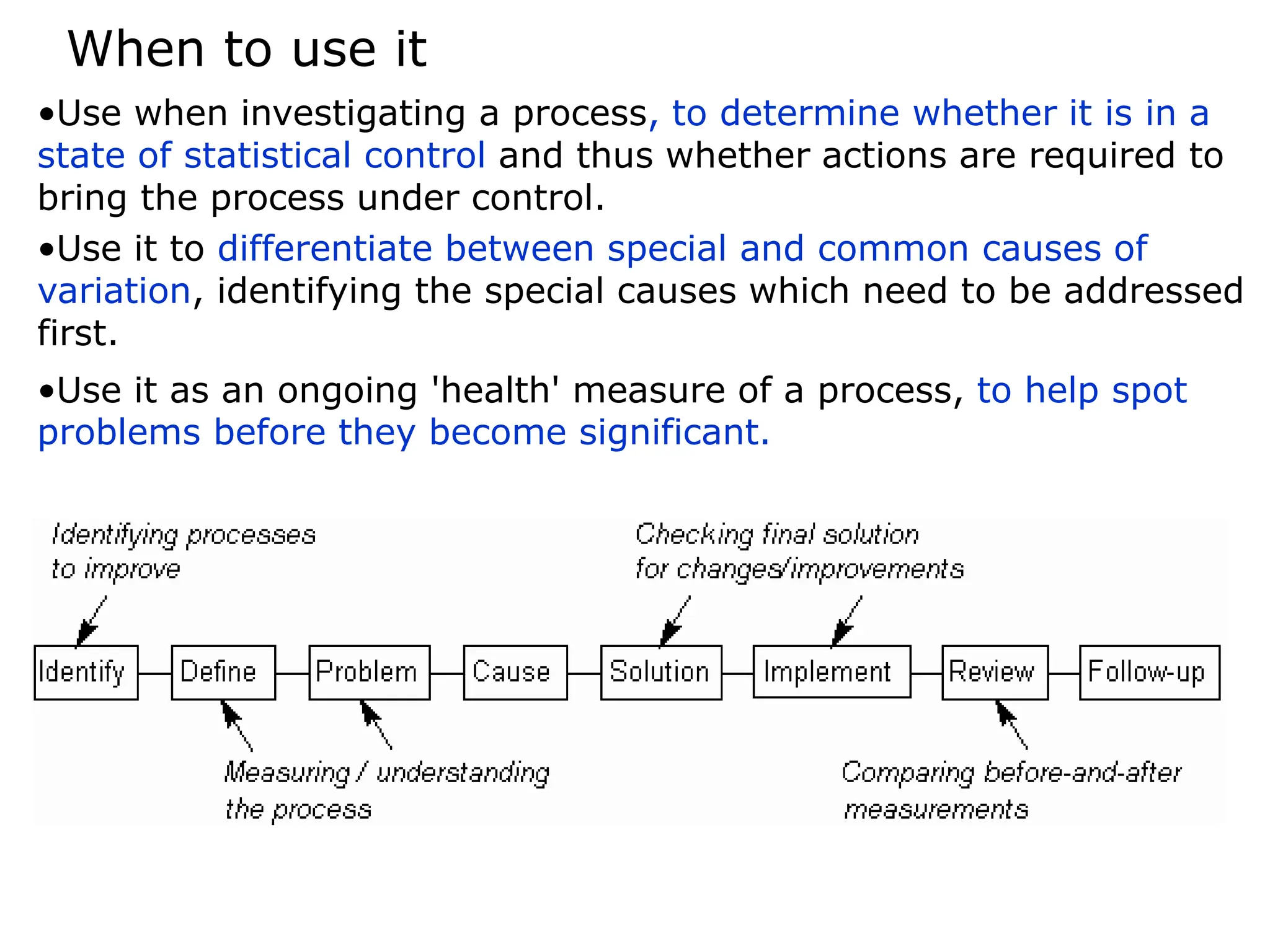 •Use when investigating a process, to determine whether it is in a
state of statistical control and thus whether actions are required to
bring the process under control.
•Use it to differentiate between special and common causes of
variation, identifying the special causes which need to be addressed
first.
•Use it as an ongoing 'health' measure of a process, to help spot
problems before they become significant.
When to use it
 