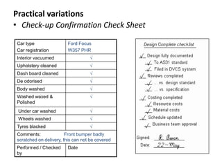 • Check-up Confirmation Check Sheet
Car type
Car registration
Ford Focus
W357 PHR
Interior vacuumed √
Upholstery cleaned √
Dash board cleaned √
De odorised √
Body washed √
Washed waxed &
Polished
√
Under car washed √
Wheels washed √
Tyres blacked √
Comments: Front bumper badly
scratched on delivery, this can not be covered
Performed / Checked
by
Date
Practical variations
 