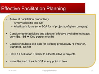 Click to edit Master title styleEffective Facilitation Planning
• Arrive at Facilitation Productivity
– A very scientific one OR
– A ball park figure (one SQA for ‘n’ projects, of given category)
• Consider other activities and allocate ‘effective available mandays’
only (Eg. 18d  One person month)
• Consider multiple skill sets for defining productivity  Fresher /
Standard / Senior
• Have a Facilitation Tracker to allocate SQA to projects
• Know the load of each SQA at any point in time
04-06-2015 27Copyrighted material
 