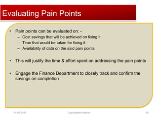 Click to edit Master title styleEvaluating Pain Points
• Pain points can be evaluated on: -
– Cost savings that will be achieved on fixing it
– Time that would be taken for fixing it
– Availability of data on the said pain points
• This will justify the time & effort spent on addressing the pain points
• Engage the Finance Department to closely track and confirm the
savings on completion
04-06-2015 59Copyrighted material
 