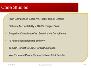 Click to edit Master title style
04-06-2015 Copyrighted material 72
• High Compliance Score Vs. High Product Defects
• Delivery Accountability – QA Vs. Project Team
• Snapshot Compliance Vs. Sustainable Compliance
• Is Facilitation a policing activity?
• To CSAT or not to CSAT for SQA services
• War Time and Peace Time activities of QA Function
Case Studies
 