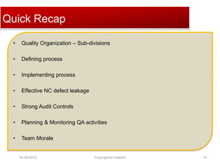 Click to edit Master title styleQuick Recap
• Quality Organization – Sub-divisions
• Defining process
• Implementing process
• Effective NC defect leakage
• Strong Audit Controls
• Planning & Monitoring QA activities
• Team Morale
04-06-2015 74Copyrighted material
 