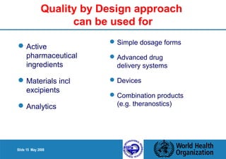 Quality by Design approach 
Slide 15 May 2008 
can be used for 
Active 
pharmaceutical 
ingredients 
Materials incl 
excipients 
Analytics 
Simple dosage forms 
Advanced drug 
delivery systems 
Devices 
Combination products 
(e.g. theranostics) 
 