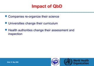 Slide 16 May 2008 
Impact of QbD 
Companies re-organize their science 
Universities change their curriculum 
Health authorities change their assessment and 
inspection 
 