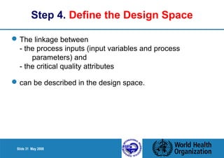 Step 4. Define the Design Space 
The linkage between 
- the process inputs (input variables and process 
parameters) and 
- the critical quality attributes 
can be described in the design space. 
Slide 31 May 2008 
 