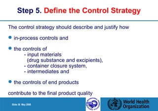 Step 5. Define the Control Strategy 
The control strategy should describe and justify how 
in-process controls and 
the controls of 
- input materials 
(drug substance and excipients), 
- container closure system, 
- intermediates and 
the controls of end products 
contribute to the final product quality 
Slide 36 May 2008 
 