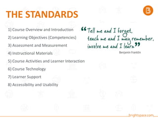 THE STANDARDS
1) Course Overview and Introduction
2) Learning Objectives (Competencies)
3) Assessment and Measurement
4) Instructional Materials
5) Course Activities and Learner Interaction
6) Course Technology
7) Learner Support
8) Accessibility and Usability
 