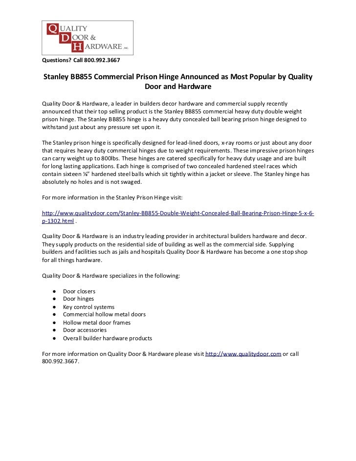 Stanley Bb855 Commercial Prison Hinge Announced As Most Popular By Qu