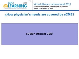<ul><ul><li>¿How physician´s needs are covered by eCME? </li></ul></ul>Improvement of  clinical competence Patient outcome...