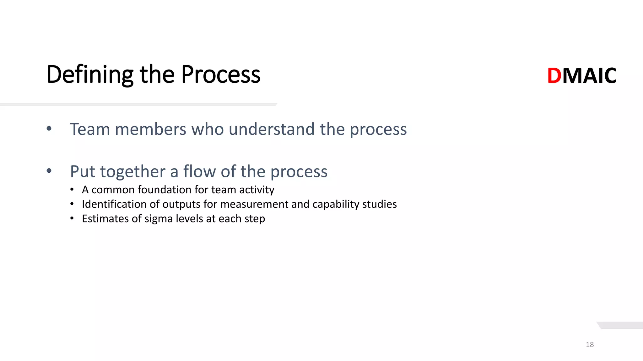 Defining the Process
18
• Team members who understand the process
• Put together a flow of the process
• A common foundation for team activity
• Identification of outputs for measurement and capability studies
• Estimates of sigma levels at each step
DMAIC
 