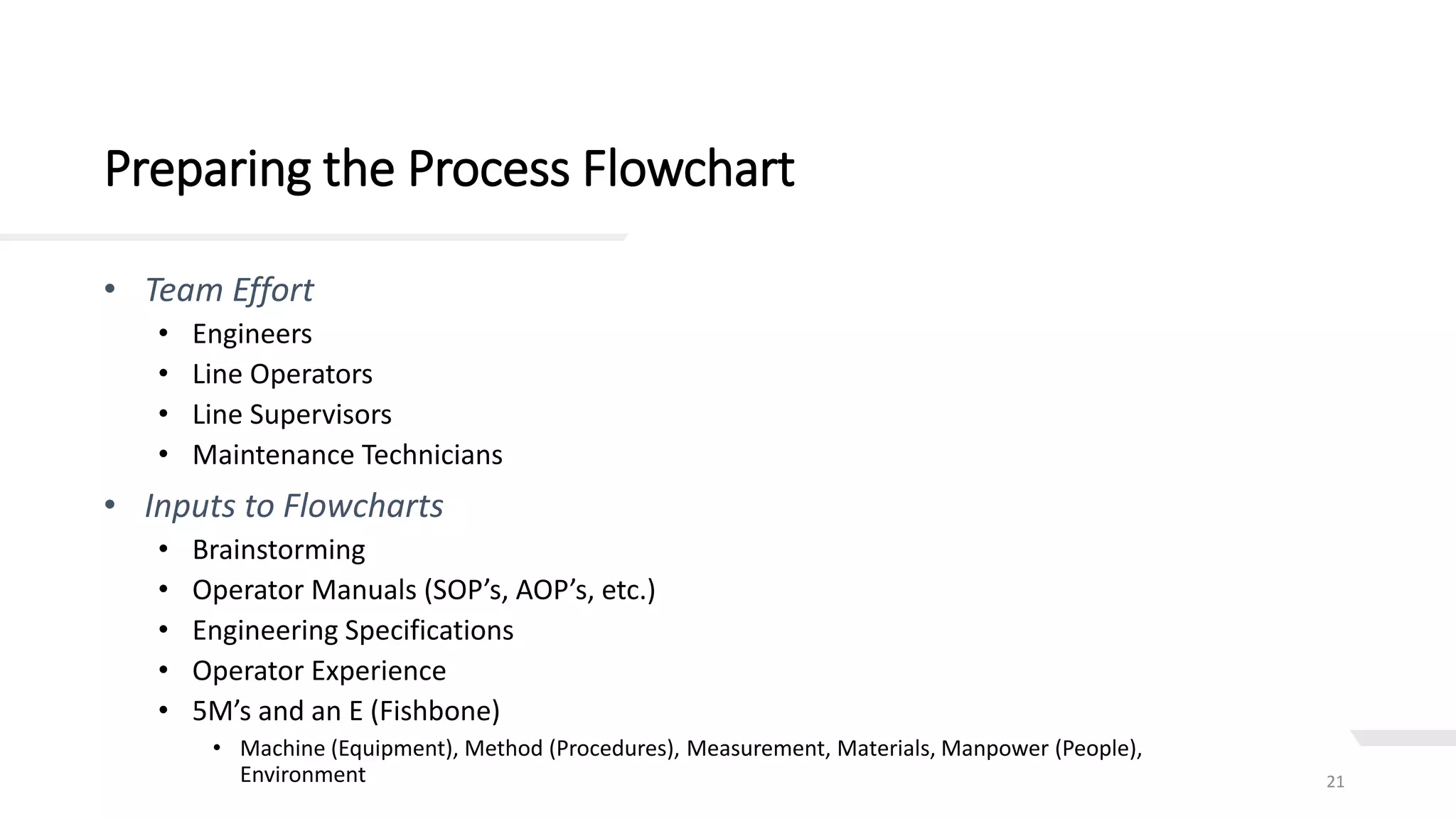 Preparing the Process Flowchart
21
• Team Effort
• Engineers
• Line Operators
• Line Supervisors
• Maintenance Technicians
• Inputs to Flowcharts
• Brainstorming
• Operator Manuals (SOP’s, AOP’s, etc.)
• Engineering Specifications
• Operator Experience
• 5M’s and an E (Fishbone)
• Machine (Equipment), Method (Procedures), Measurement, Materials, Manpower (People),
Environment
 