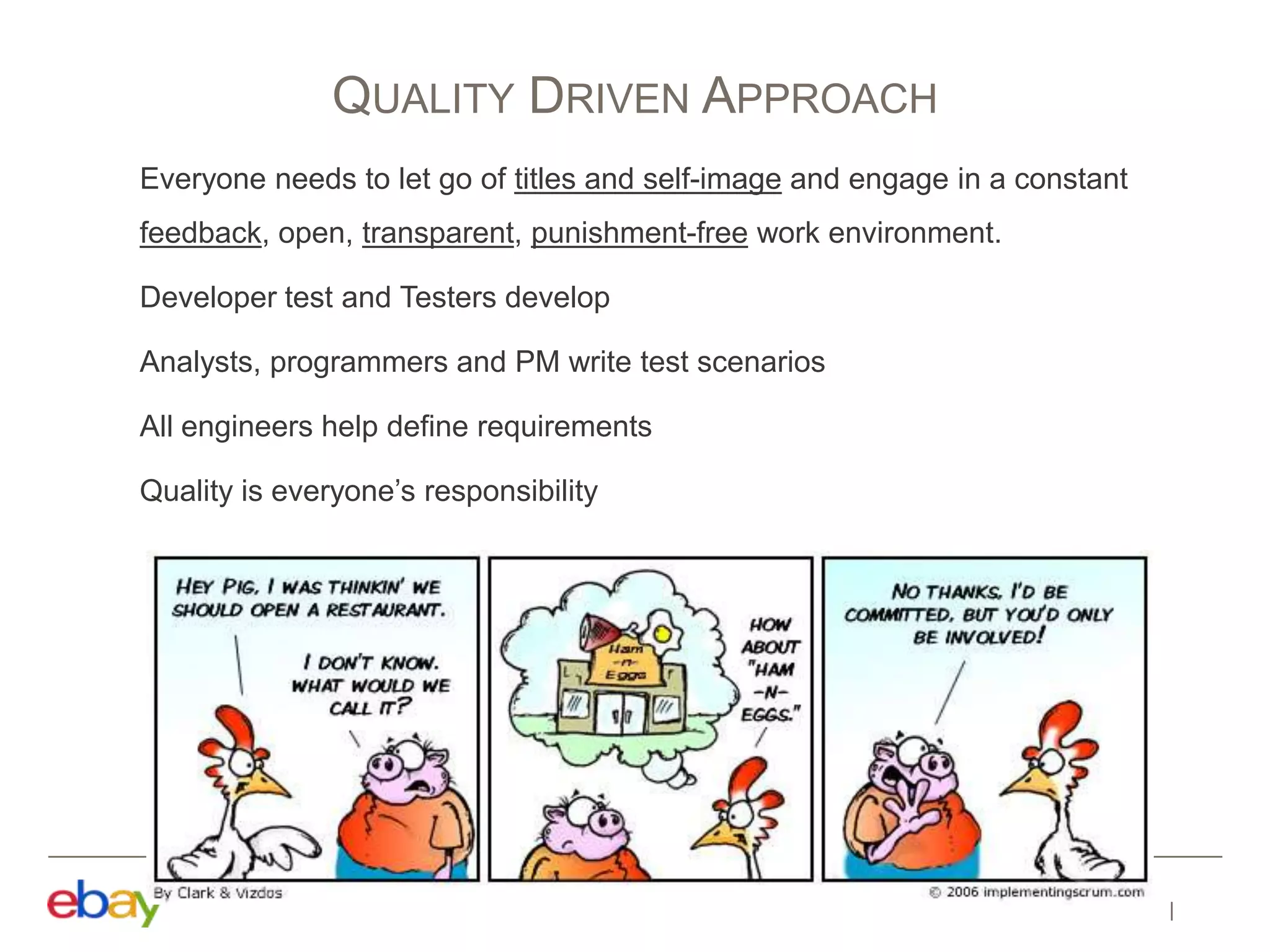 Everyone needs to let go of titles and self-image and engage in a constant
feedback, open, transparent, punishment-free work environment.
Developer test and Testers develop
Analysts, programmers and PM write test scenarios
All engineers help define requirements
Quality is everyone’s responsibility
QUALITY DRIVEN APPROACH
 