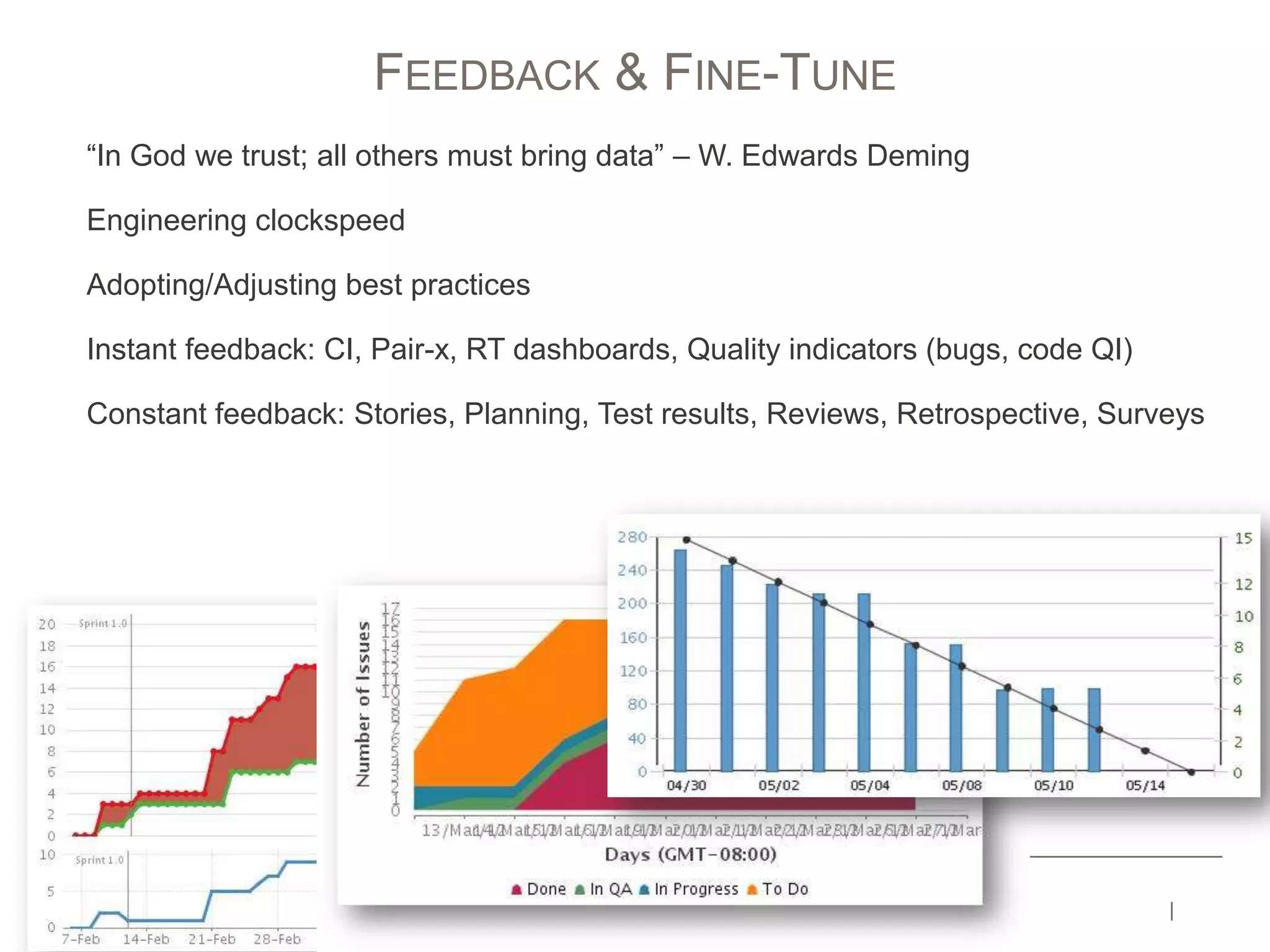 “In God we trust; all others must bring data” – W. Edwards Deming
Engineering clockspeed
Adopting/Adjusting best practices
Instant feedback: CI, Pair-x, RT dashboards, Quality indicators (bugs, code QI)
Constant feedback: Stories, Planning, Test results, Reviews, Retrospective, Surveys
FEEDBACK & FINE-TUNE
 