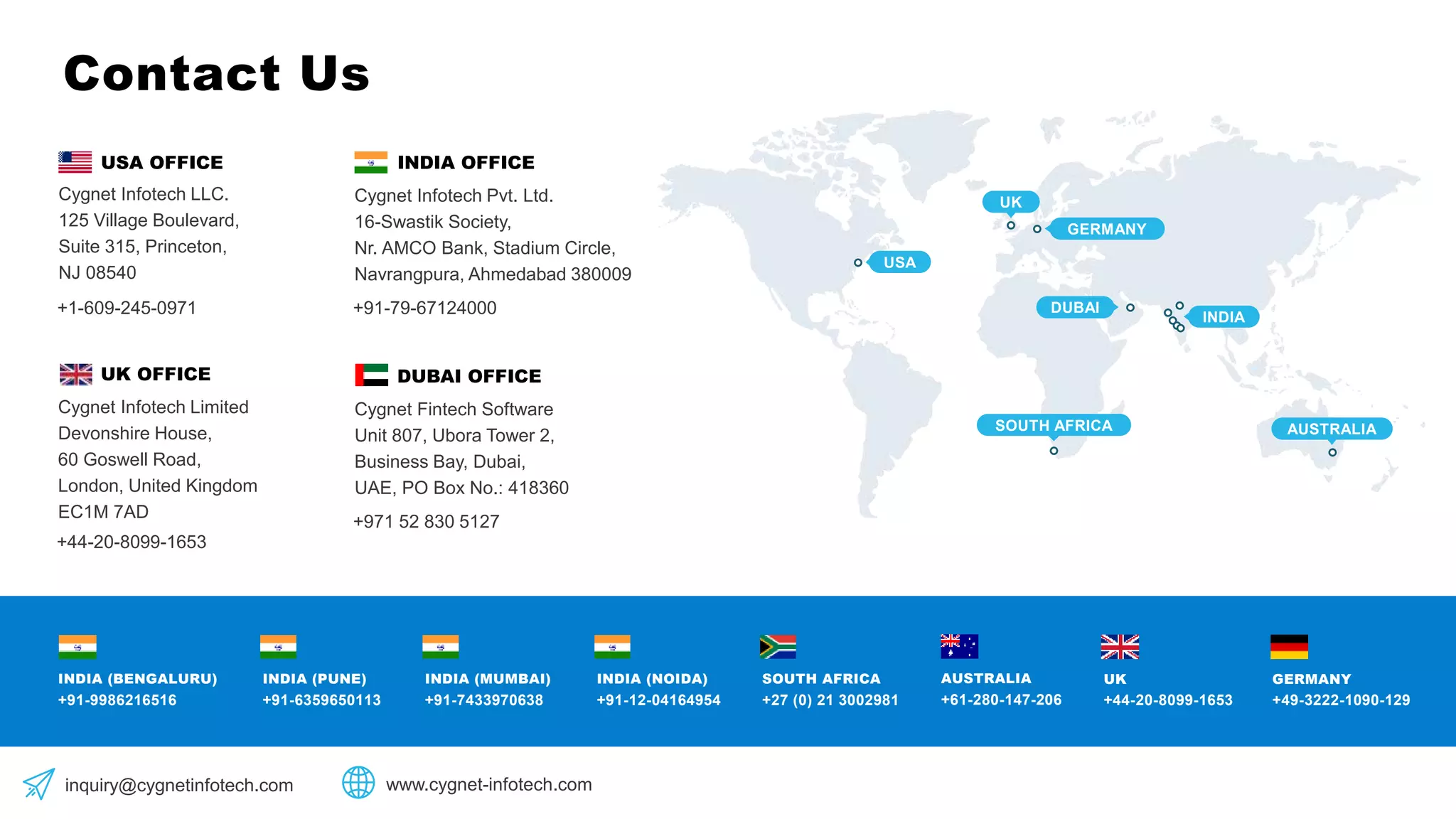 INDIA OFFICE
Cygnet Infotech Pvt. Ltd.
16-Swastik Society,
Nr. AMCO Bank, Stadium Circle,
Navrangpura, Ahmedabad 380009
+91-79-67124000
INDIA (PUNE)
+91-6359650113
INDIA (MUMBAI)
+91-7433970638
INDIA (NOIDA)
+91-12-04164954
SOUTH AFRICA
+27 (0) 21 3002981
AUSTRALIA
+61-280-147-206
UK
+44-20-8099-1653
GERMANY
+49-3222-1090-129
USA
GERMANY
UK
SOUTH AFRICA
DUBAI
INDIA
AUSTRALIA
USA OFFICE
Cygnet Infotech LLC.
125 Village Boulevard,
Suite 315, Princeton,
NJ 08540
+1-609-245-0971
DUBAI OFFICE
Cygnet Fintech Software
Unit 807, Ubora Tower 2,
Business Bay, Dubai,
UAE, PO Box No.: 418360
+971 52 830 5127
Contact Us
INDIA (BENGALURU)
+91-9986216516
inquiry@cygnetinfotech.com www.cygnet-infotech.com
UK OFFICE
Cygnet Infotech Limited
Devonshire House,
60 Goswell Road,
London, United Kingdom
EC1M 7AD
+44-20-8099-1653
 