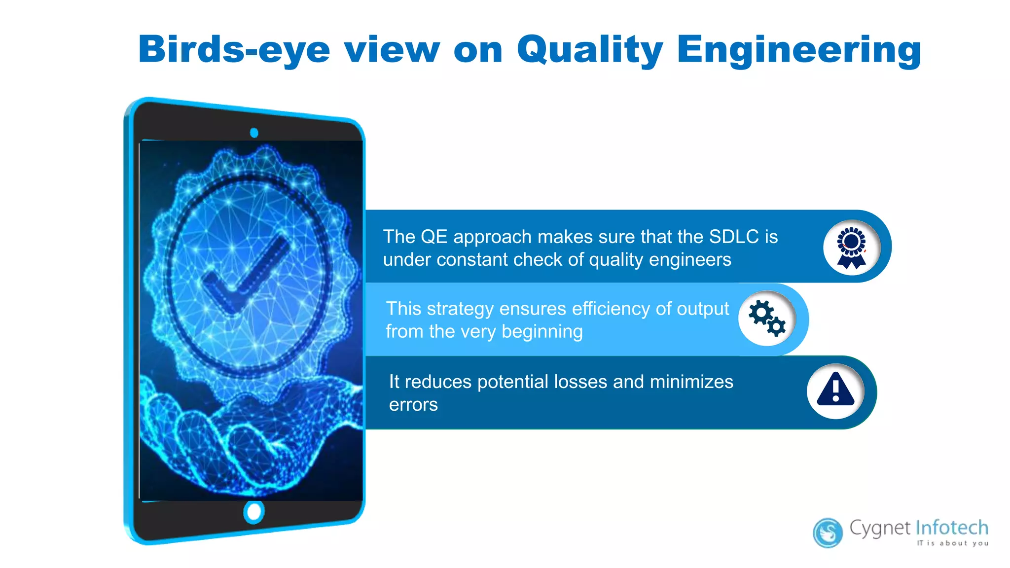 The QE approach makes sure that the SDLC is
under constant check of quality engineers
This strategy ensures efficiency of output
from the very beginning
It reduces potential losses and minimizes
errors
Birds-eye view on Quality Engineering
 