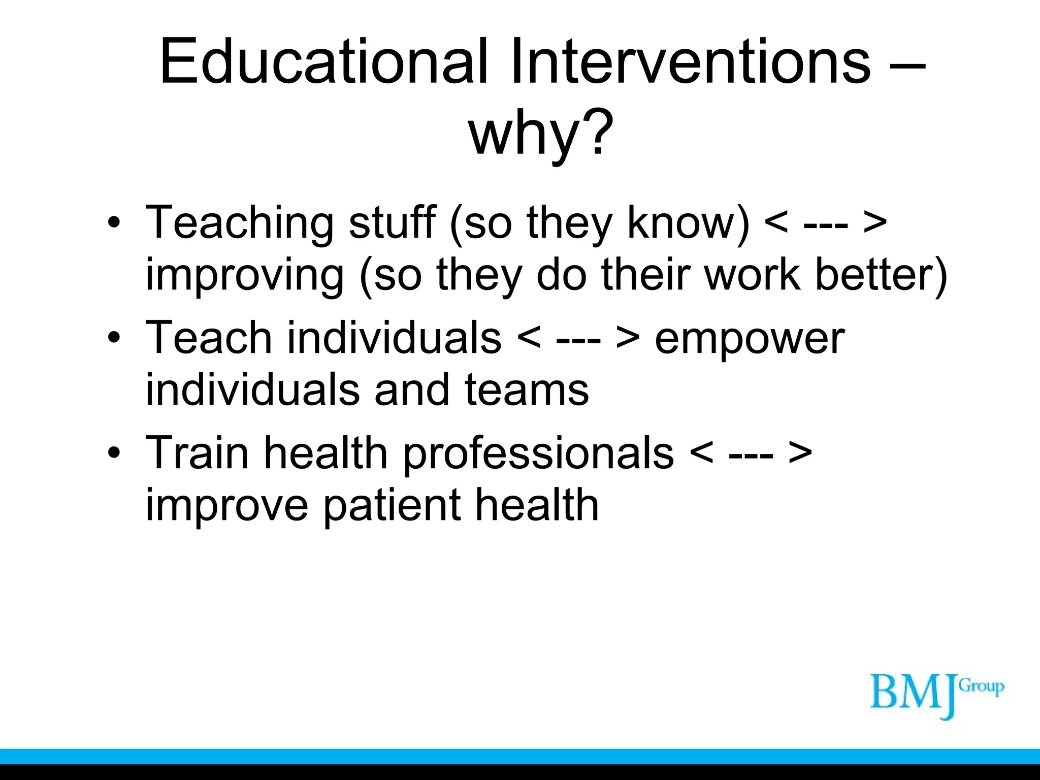 Educational Interventions – why? Teaching stuff (so they know) < --- > improving (so they do their work better) Teach individuals < --- > empower individuals and teams Train health professionals < --- > improve patient health 