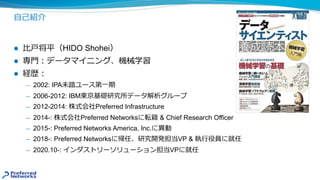 ⾃⼰紹介
l ⽐⼾将平（HIDO Shohei）
l 専⾨︓データマイニング、機械学習
l 経歴︓
̶ 2002: IPA未踏ユース第⼀期
̶ 2006-2012: IBM東京基礎研究所データ解析グループ
̶ 2012-2014: 株式会社Preferred Infrastructure
̶ 2014-: 株式会社Preferred Networksに転籍 & Chief Research Officer
̶ 2015-: Preferred Networks America, Inc.に異動
̶ 2018-: Preferred Networksに帰任、研究開発担当VP & 執⾏役員に就任
̶ 2020.10-: インダストリーソリューション担当VPに就任
 