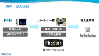 販売・導⼊体制
システム構築
課題・要件分析学習ツール
検知ライブラリ
PFN パートナー様 導⼊企業様
株式会社Phoxter様
 