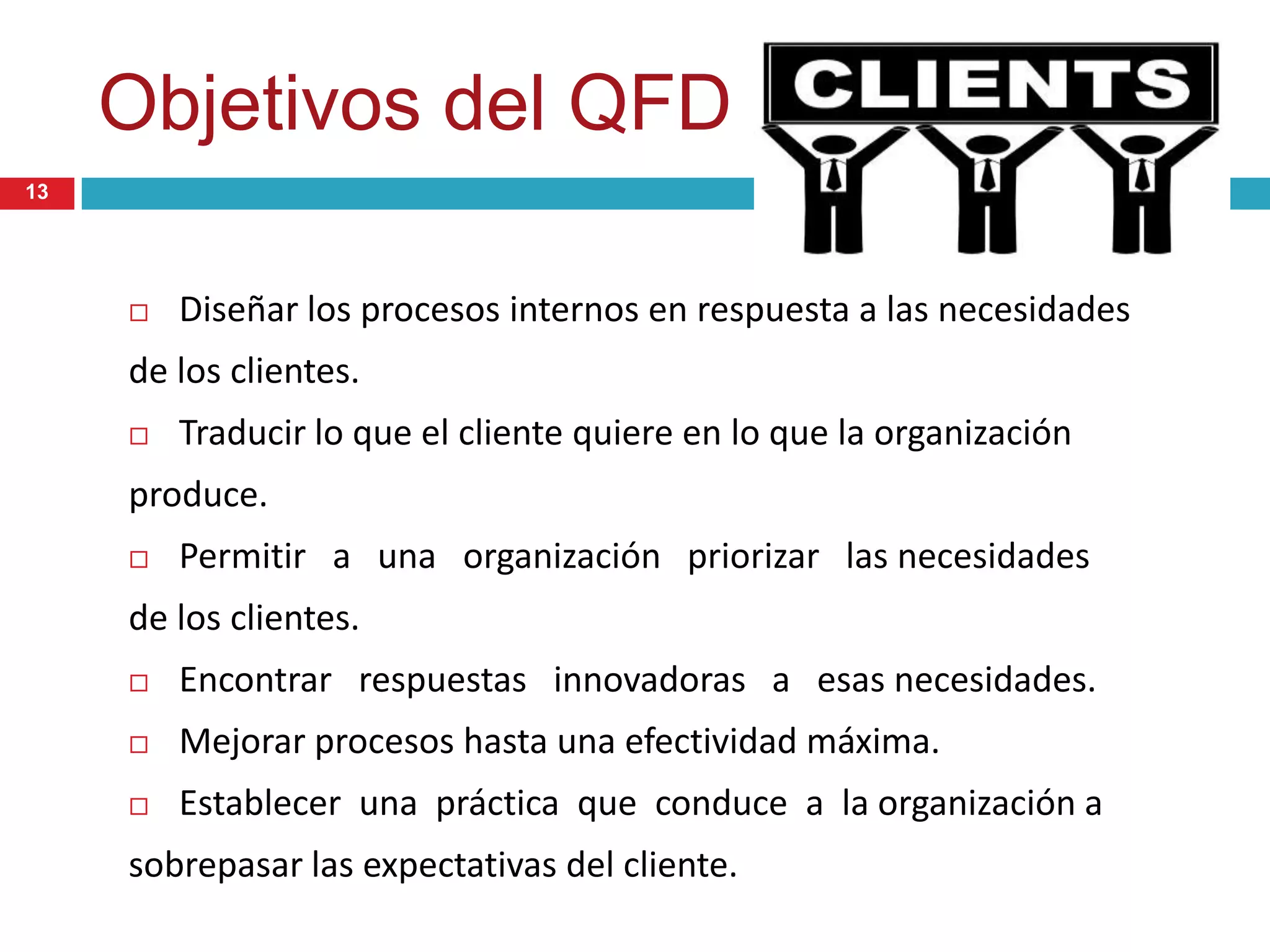 Objetivos del QFD
 Diseñar los procesos internos en respuesta a las necesidades
de los clientes.
 Traducir lo que el cliente quiere en lo que la organización
produce.
 Permitir a una organización priorizar las necesidades
de los clientes.
 Encontrar respuestas innovadoras a esas necesidades.
 Mejorar procesos hasta una efectividad máxima.
 Establecer una práctica que conduce a la organización a
sobrepasar las expectativas del cliente.
13
 