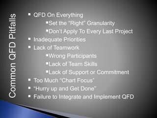  QFD On Everything
Set the “Right” Granularity
Don’t Apply To Every Last Project
 Inadequate Priorities
 Lack of Teamwork
Wrong Participants
Lack of Team Skills
Lack of Support or Commitment
 Too Much “Chart Focus”
 “Hurry up and Get Done”
 Failure to Integrate and Implement QFD
CommonQFDPitfalls
 
