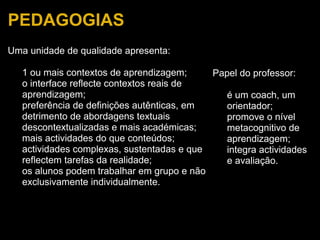PEDAGOGIAS Uma unidade de qualidade apresenta:   1 ou mais contextos de aprendizagem;  o interface reflecte contextos reais de aprendizagem;  preferência de definições autênticas, em detrimento de abordagens textuais descontextualizadas e mais académicas;  mais actividades do que conteúdos;  actividades complexas, sustentadas e que reflectem tarefas da realidade;  os alunos podem trabalhar em grupo e não exclusivamente individualmente. Papel do professor:    é um coach, um orientador;  promove o nível metacognitivo de aprendizagem;  integra actividades e avaliação. 