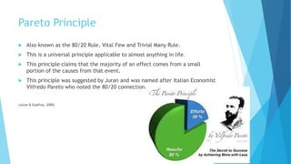 Pareto Principle
 Also known as the 80/20 Rule, Vital Few and Trivial Many Rule.
 This is a universal principle applicable to almost anything in life.
 This principle claims that the majority of an effect comes from a small
portion of the causes from that event.
 This principle was suggested by Juran and was named after Italian Economist
Vilfredo Pareto who noted the 80/20 connection.
(Juran & Godfrey, 2000)
 