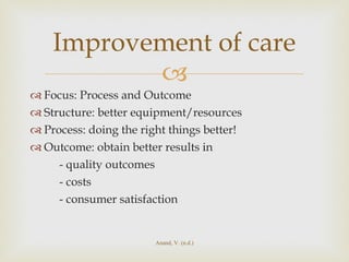 Focus: Process and Outcome Structure: better equipment/resources Process: doing the right things better! Outcome: obtain better results in - quality outcomes - costs - consumer satisfaction Improvement of care Anand, V. (n.d.) 