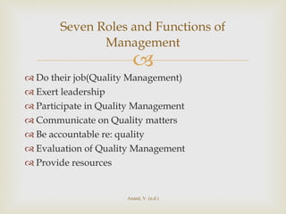 Do their job(Quality Management) Exert leadership Participate in Quality Management Communicate on Quality matters Be accountable re: quality Evaluation of Quality Management Provide resources Seven Roles and Functions of Management Anand, V. (n.d.) 