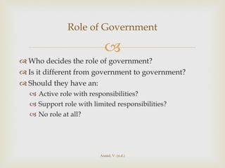 Who decides the role of government? Is it different from government to government? Should they have an: Active role with responsibilities? Support role with limited responsibilities? No role at all? Role of Government Anand, V. (n.d.) 