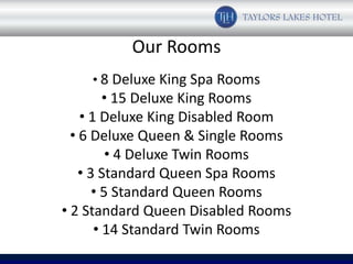 Our Rooms
    • 8 Deluxe King Spa Rooms
         • 15 Deluxe King Rooms
    • 1 Deluxe King Disabled Room
  • 6 Deluxe Queen & Single Rooms
          • 4 Deluxe Twin Rooms
    • 3 Standard Queen Spa Rooms
       • 5 Standard Queen Rooms
• 2 Standard Queen Disabled Rooms
       • 14 Standard Twin Rooms
 