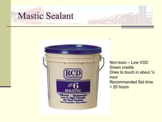 Mastic Sealant
Non-toxic – Low VOC
Green credits
Dries to touch in about ½
hour
Recommended Set time
= 20 hours
 