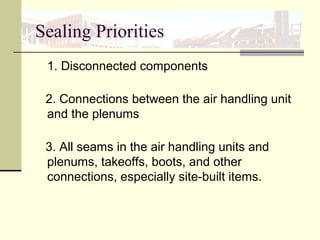 Sealing Priorities
1. Disconnected components
2. Connections between the air handling unit
and the plenums
3. All seams in the air handling units and
plenums, takeoffs, boots, and other
connections, especially site-built items.
 