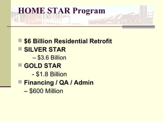 HOME STAR Program
 $6 Billion Residential Retrofit
 SILVER STAR
– $3.6 Billion
 GOLD STAR
- $1.8 Billion
 Financing / QA / Admin
– $600 Million
 