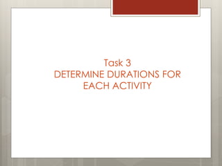 Task 3
DETERMINE DURATIONS FOR
EACH ACTIVITY
 