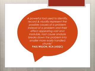 A powerful tool used to identify,
record & visually represent the
possible causes of a problem
instead of a problem and their
effect appearing vast and
insoluble, root cause analysis
breaks down the problem into
smaller more easily handled
chunks”
PAUL WILSON, RCA (ASQC)
 