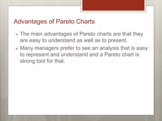 Advantages of Pareto Charts
 The main advantages of Pareto charts are that they
are easy to understand as well as to present.
 Many managers prefer to see an analysis that is easy
to represent and understand and a Pareto chart is
strong tool for that.
 