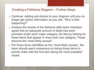 Creating a Fishbone Diagram – Further Steps
 Continue adding sub-factors to your diagram until you no
longer get useful information as you ask, “Why is that
happening?”
 Analyze the results of the fishbone after team members
agree that an adequate amount of detail has been
provided under each major category. Do this by looking for
those items that appear in more than one category. These
become the „most likely causes”.
 For those items identified as the “most likely causes”, the
team should reach consensus on listing those items in
priority order with the first item being the most probable”
cause.
 