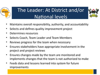 The Leader: At District and/or
National levels
• Maintains overall responsibility, authority, and accountability
• Selects and defines quality improvement project
• Determines resources
• Selects Coach, Team Leader and Team Members
• Reviews progress for the team when necessary
• Ensures stakeholders have appropriate involvement in the
project and project reviews
• Ensures changes made by the team are monitored and
implements changes that the team is not authorized to make
• Feeds data and lessons learned into system for future
improvements
 