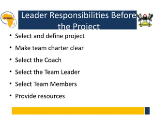 Leader Responsibilities Before
the Project
• Select and define project
• Make team charter clear
• Select the Coach
• Select the Team Leader
• Select Team Members
• Provide resources
 