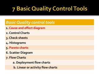 Basic Quality control tools
1. Cause and effect diagram
2. Control Charts
3. Check sheets
4. Histograms
5. Pareto charts
6. Scatter Diagram
7. Flow Charts
a. Deployment flow charts
b. Linear or activity flow charts
 