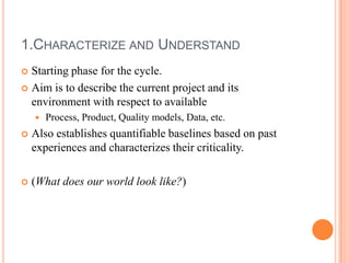 1.CHARACTERIZE AND UNDERSTAND
 Starting phase for the cycle.
 Aim is to describe the current project and its
  environment with respect to available
       Process, Product, Quality models, Data, etc.
   Also establishes quantifiable baselines based on past
    experiences and characterizes their criticality.

   (What does our world look like?)
 