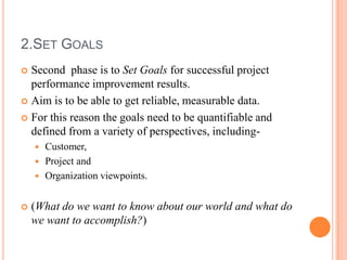 2.SET GOALS
 Second phase is to Set Goals for successful project
  performance improvement results.
 Aim is to be able to get reliable, measurable data.

 For this reason the goals need to be quantifiable and
  defined from a variety of perspectives, including-
     Customer,
     Project and
     Organization viewpoints.


   (What do we want to know about our world and what do
    we want to accomplish?)
 