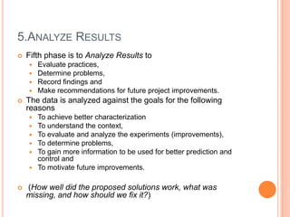 5.ANALYZE RESULTS
   Fifth phase is to Analyze Results to
     Evaluate practices,
     Determine problems,
     Record findings and
     Make recommendations for future project improvements.
   The data is analyzed against the goals for the following
    reasons
       To achieve better characterization
       To understand the context,
       To evaluate and analyze the experiments (improvements),
       To determine problems,
       To gain more information to be used for better prediction and
        control and
       To motivate future improvements.

   (How well did the proposed solutions work, what was
    missing, and how should we fix it?)
 