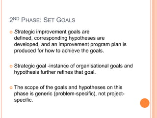 2ND PHASE: SET GOALS
   Strategic improvement goals are
    defined, corresponding hypotheses are
    developed, and an improvement program plan is
    produced for how to achieve the goals.

   Strategic goal -instance of organisational goals and
    hypothesis further refines that goal.

   The scope of the goals and hypotheses on this
    phase is generic (problem-specific), not project-
    specific.
 